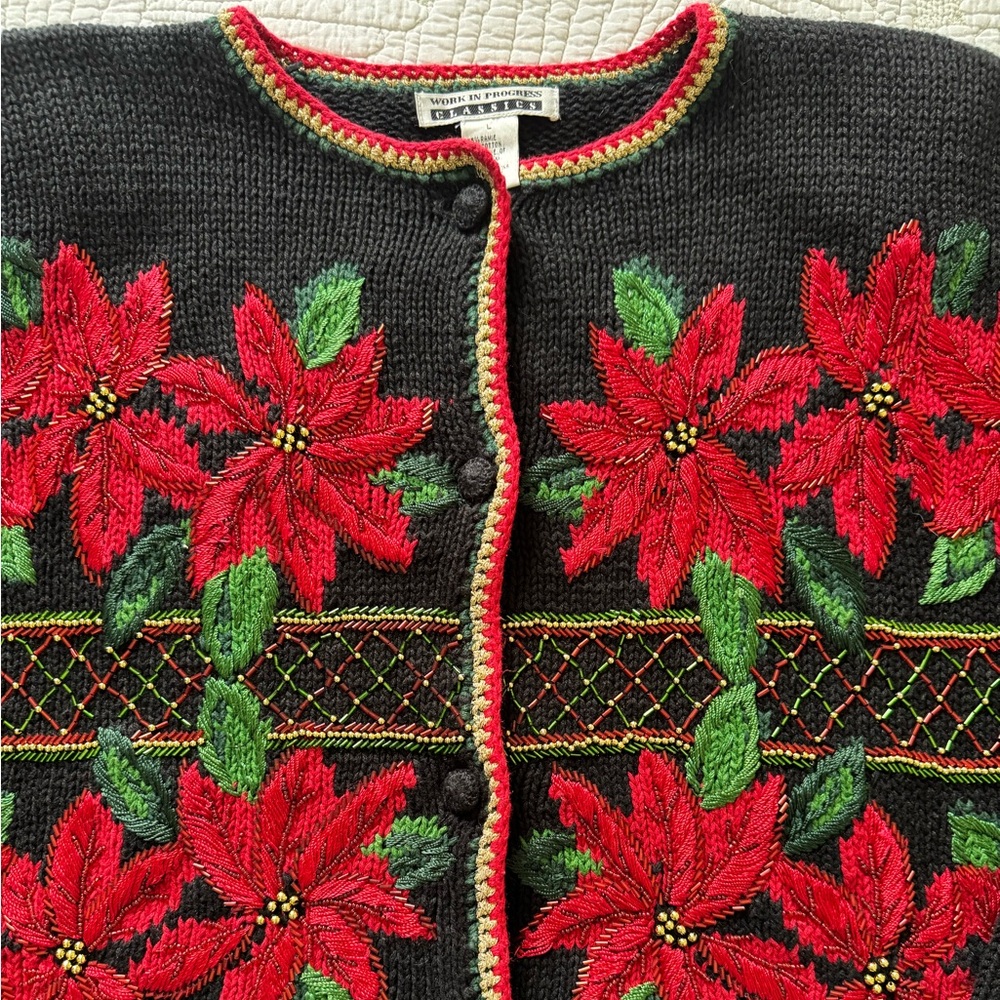 Vintage Beaded Grandma Christmas Poinsettia Sweater- Size L